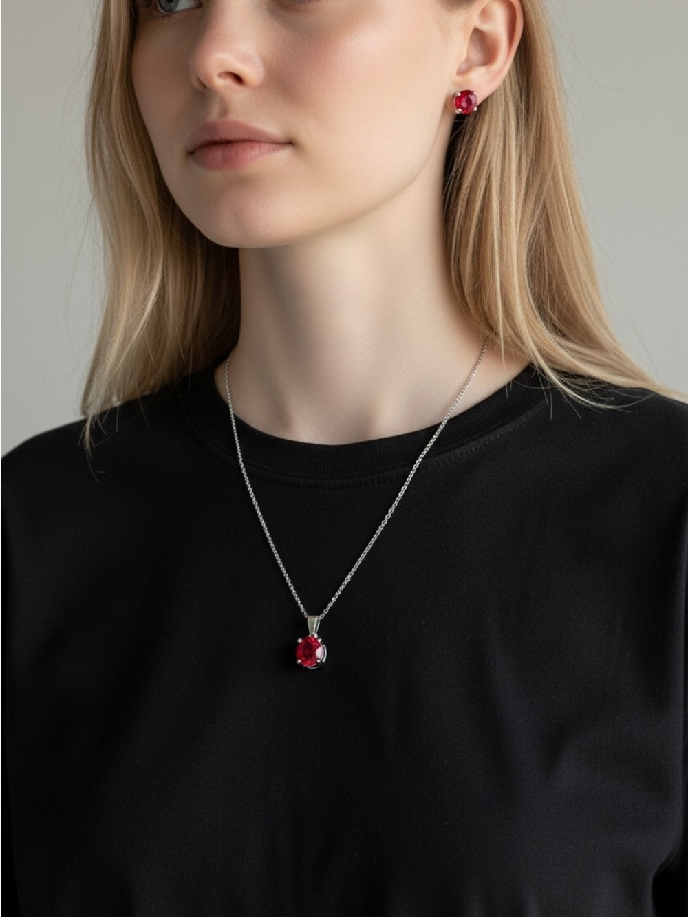 10/24 Elegant Silver Necklace and Stud Earrings Set with Red Gemstones